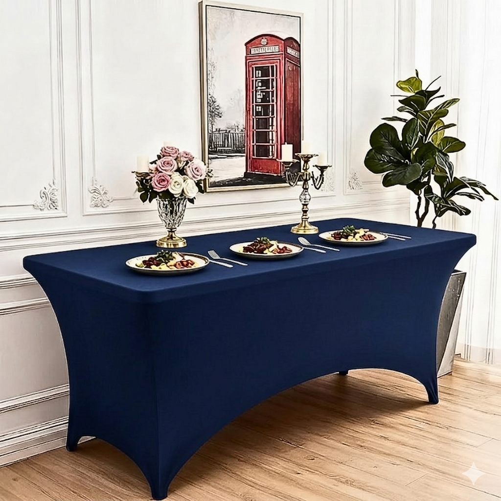 Navy Blue 6 ft Rectangular Spandex Tablecloth - Image 3